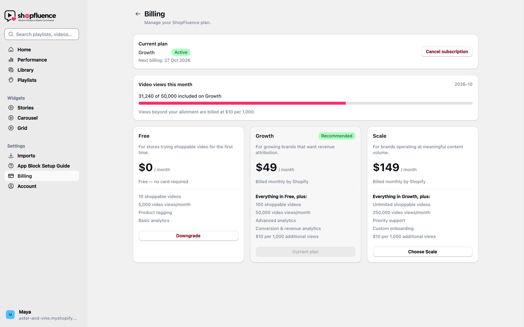 The Billing page inside the Shopfluence app: current plan, video views this month, and the Free, Growth and Scale plan cards marked Billed monthly by Shopify.